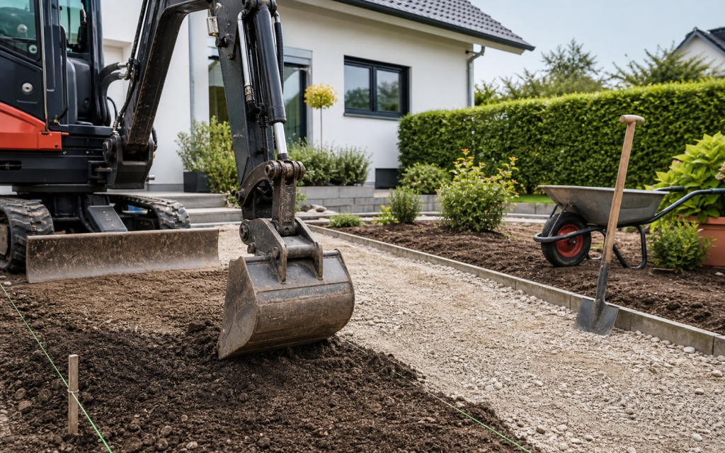 Minibagger bereitet einen Gartenweg und Terrassenunterbau vor