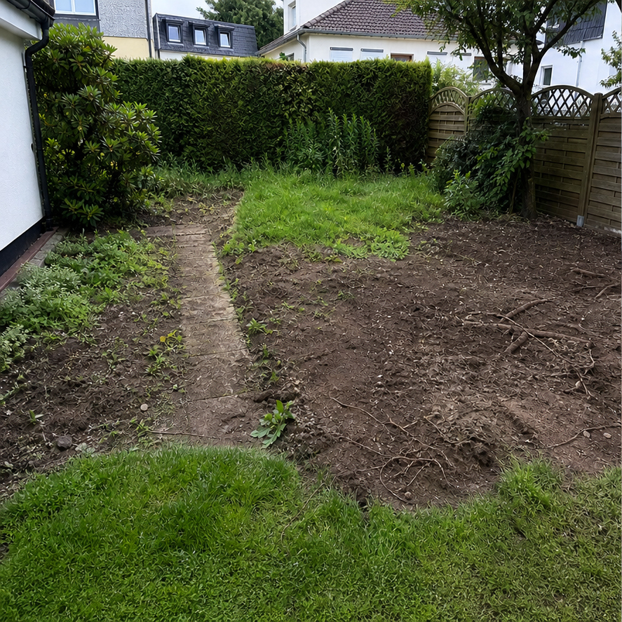 Ungepflegter Gartenbereich vor den Arbeiten